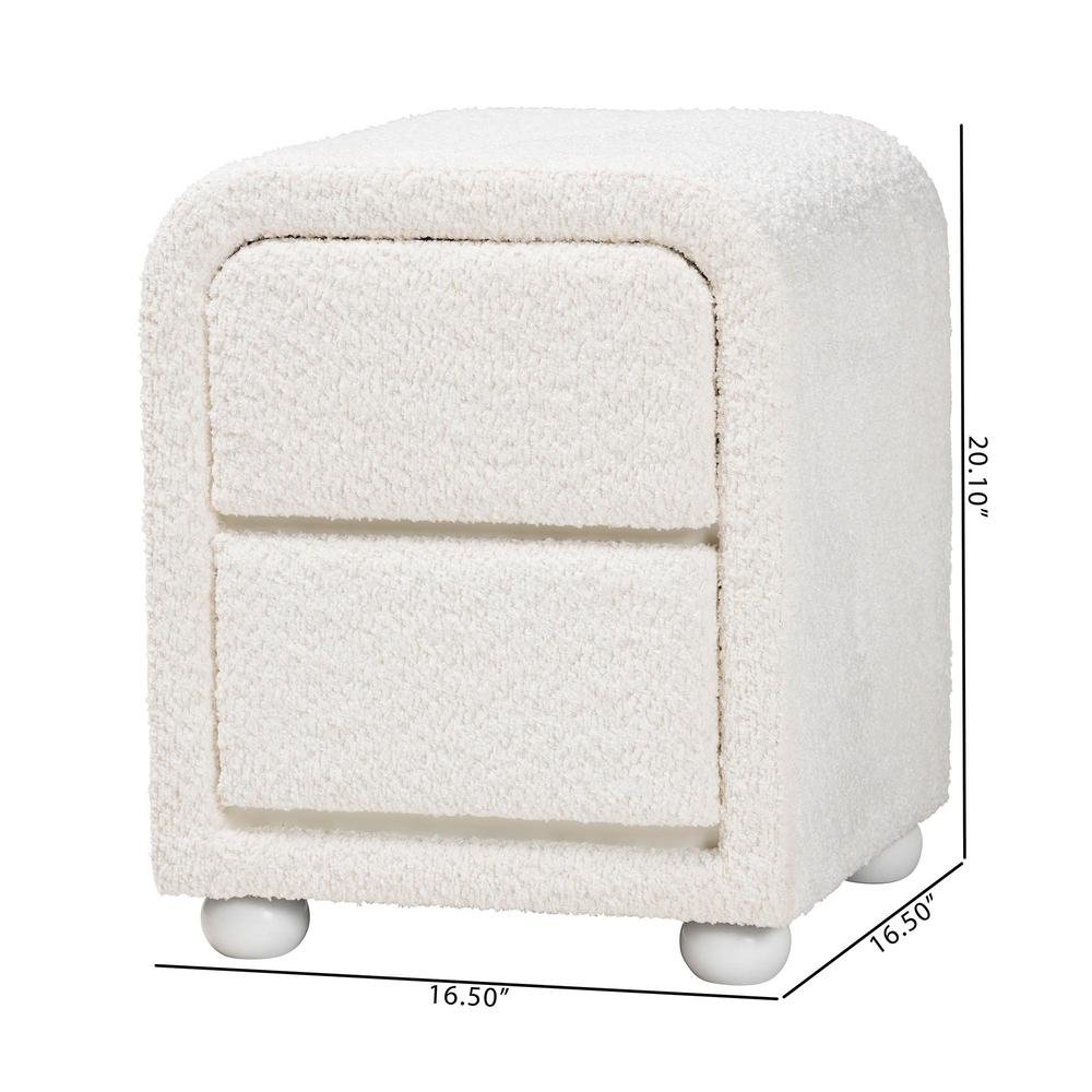 Bonilla Modern White Teddy-Bear Fabric and Rubberwood 2-Drawer Nightstand. Picture 18