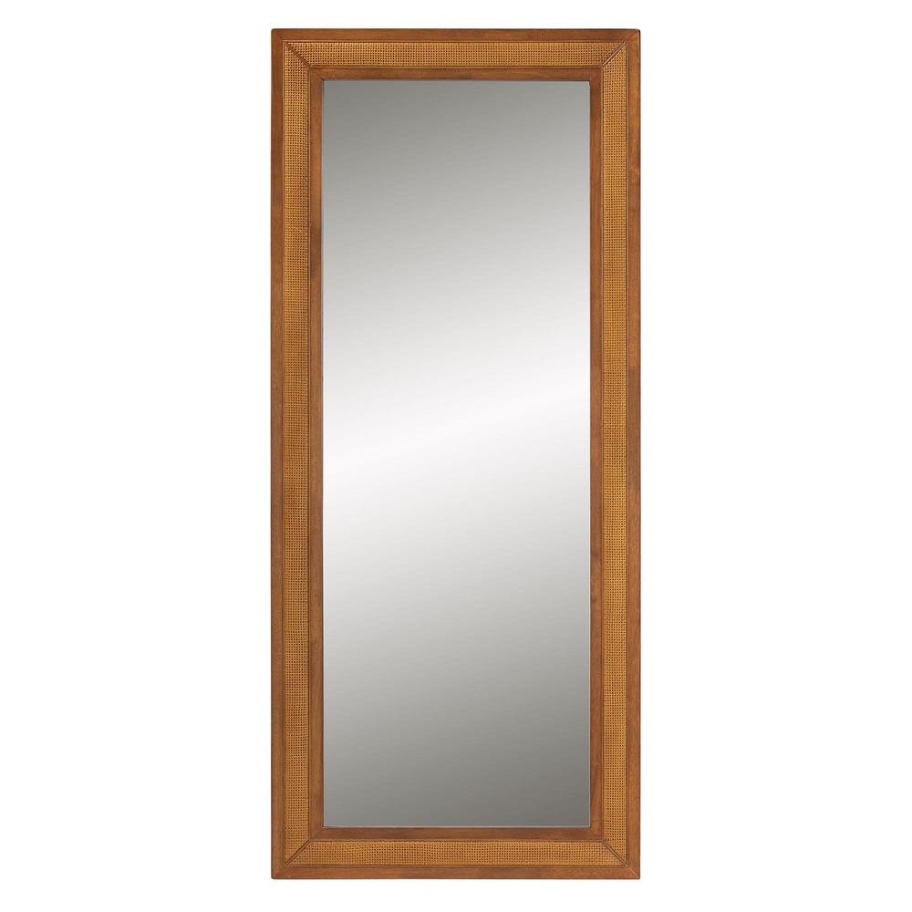 Rowanne Mid-Century Modern Walnut Brown Rubberwood and Rattan Frame Wall Mirror. Picture 6