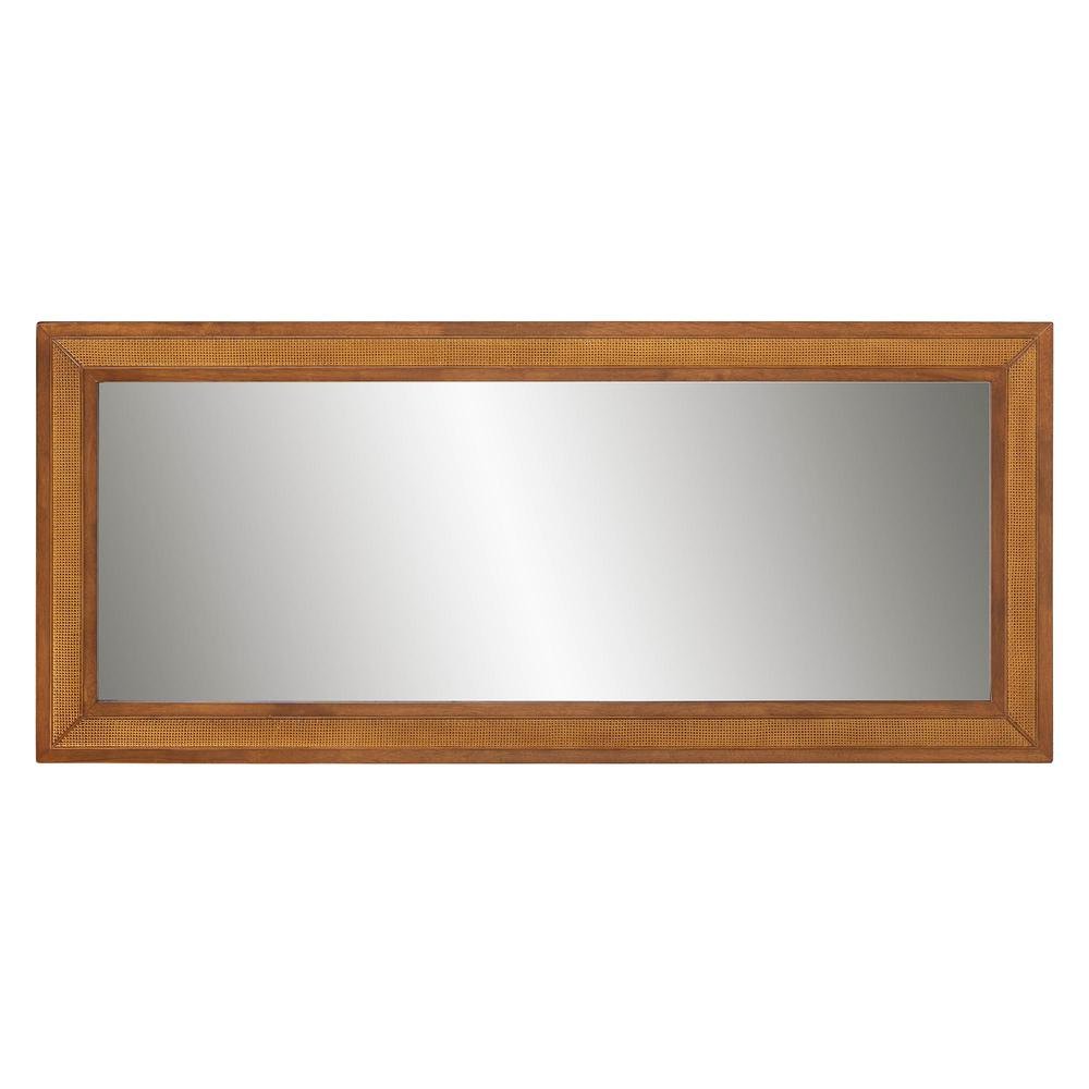 Rowanne Mid-Century Modern Walnut Brown Rubberwood and Rattan Frame Wall Mirror. Picture 7