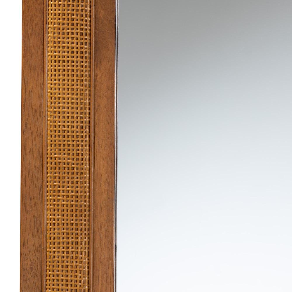 Rowanne Mid-Century Modern Walnut Brown Rubberwood and Rattan Frame Wall Mirror. Picture 8