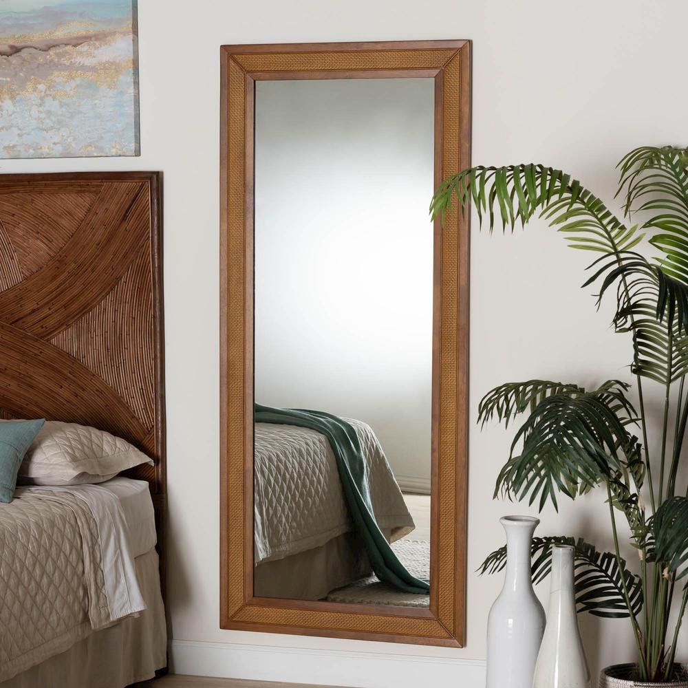 Rowanne Mid-Century Modern Walnut Brown Rubberwood and Rattan Frame Wall Mirror. Picture 9