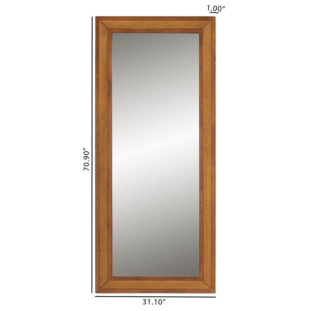 Rowanne Mid-Century Modern Walnut Brown Rubberwood and Rattan Frame Wall Mirror. Picture 10