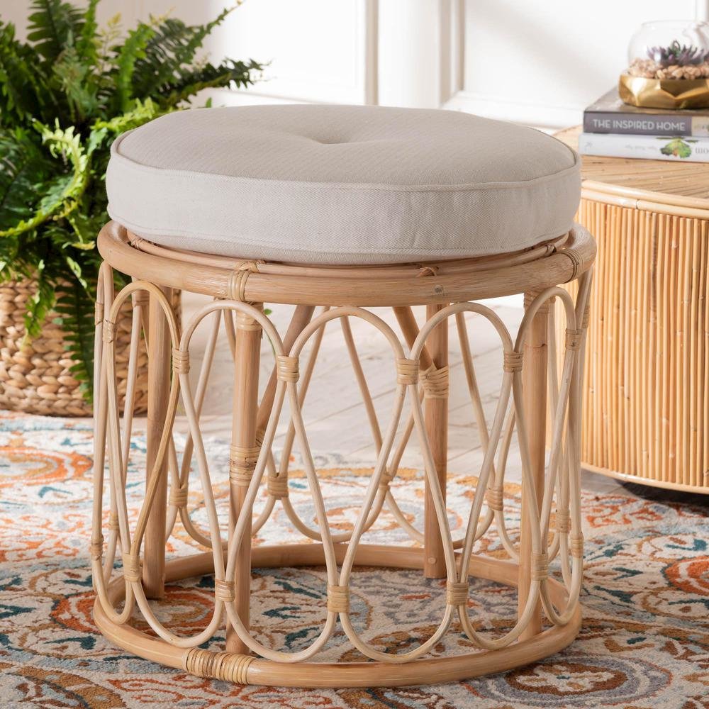 Hachiro Bohemian Natural Rattan Ottoman Footstool. Picture 12