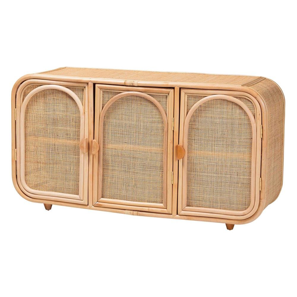 Evania Bohemian Natural Rattan 3-Door Storage Cabinet. Picture 11