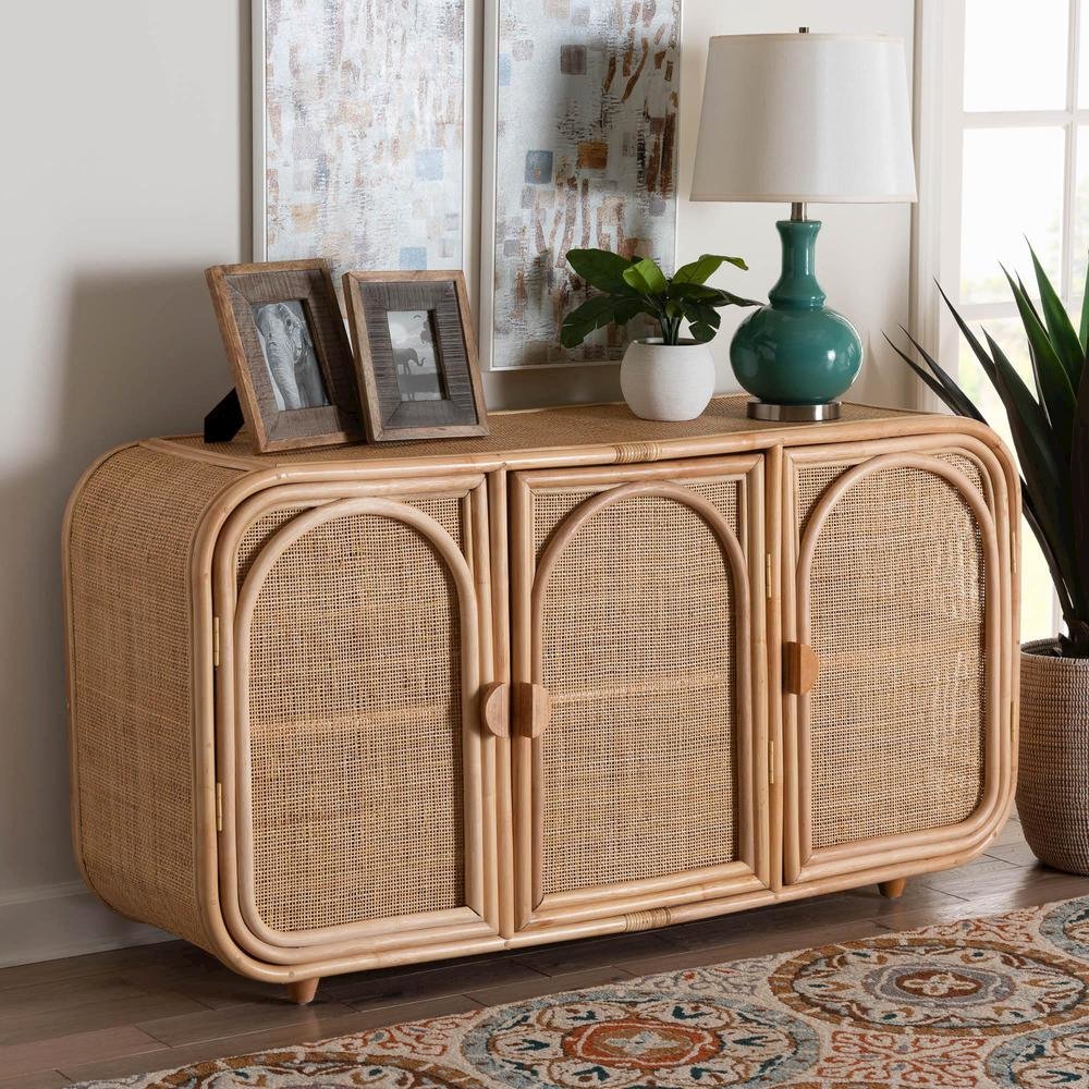 Evania Bohemian Natural Rattan 3-Door Storage Cabinet. Picture 18