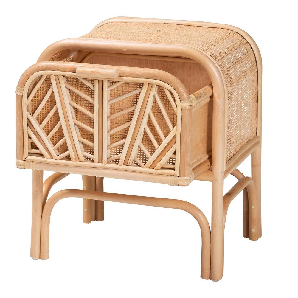 Carabella Bohemian Natural Rattan 1-Drawer Nightstand. Picture 12
