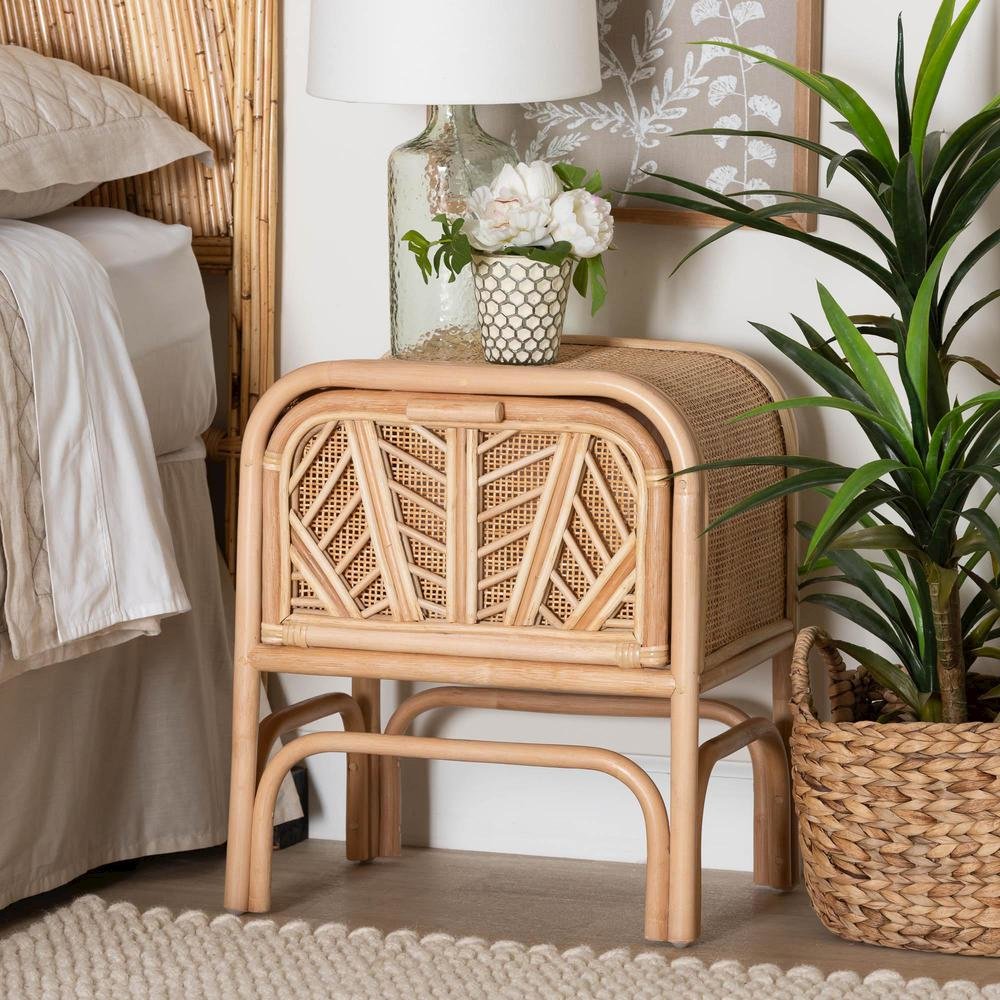 Carabella Bohemian Natural Rattan 1-Drawer Nightstand. Picture 18