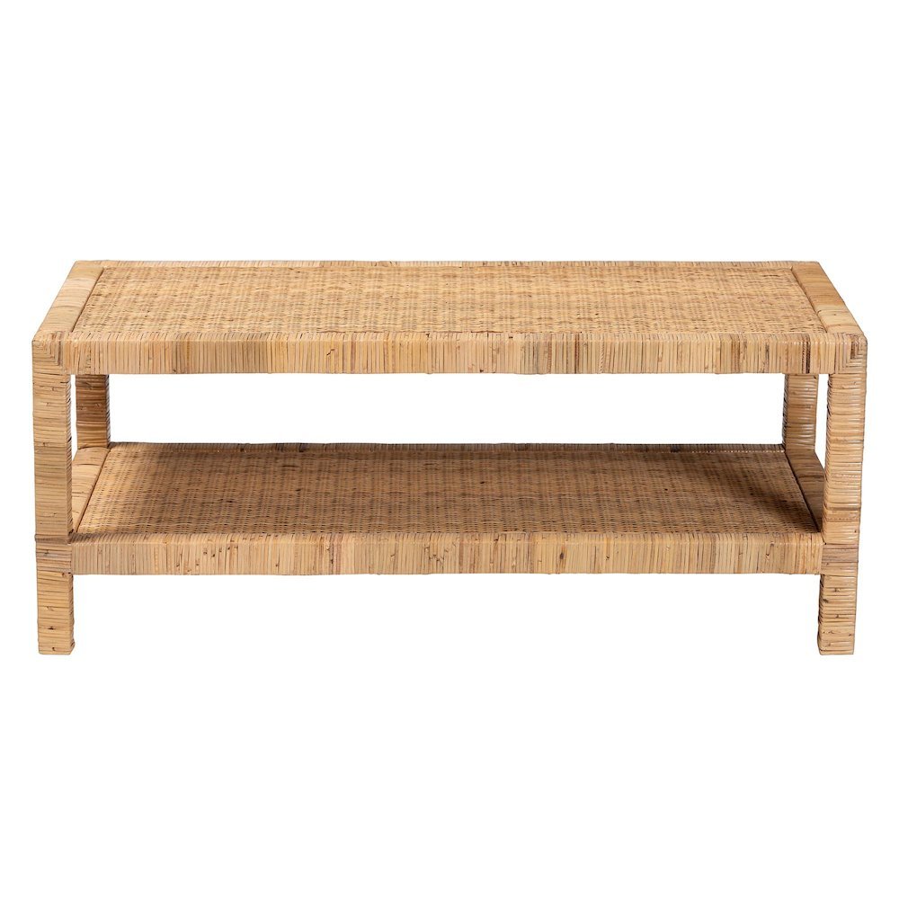 Kalimantan Bohemian Light Honey Rattan and Mahogany Wood Rectangle Coffee Table. Picture 2