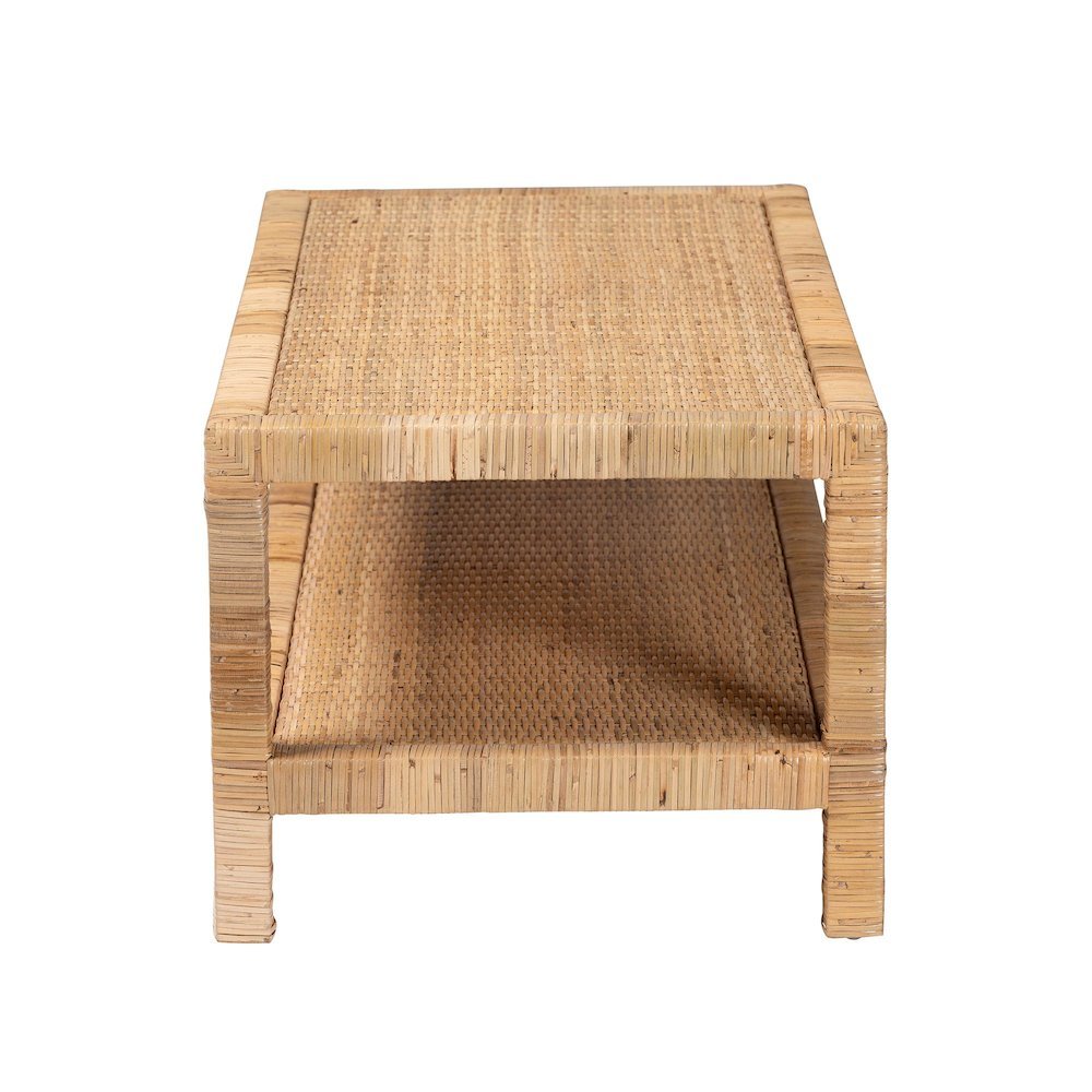 Kalimantan Bohemian Light Honey Rattan and Mahogany Wood Rectangle Coffee Table. Picture 4