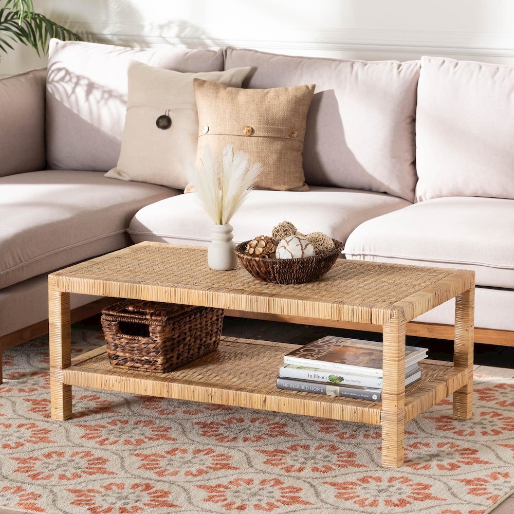Kalimantan Bohemian Light Honey Rattan and Mahogany Wood Rectangle Coffee Table. Picture 6