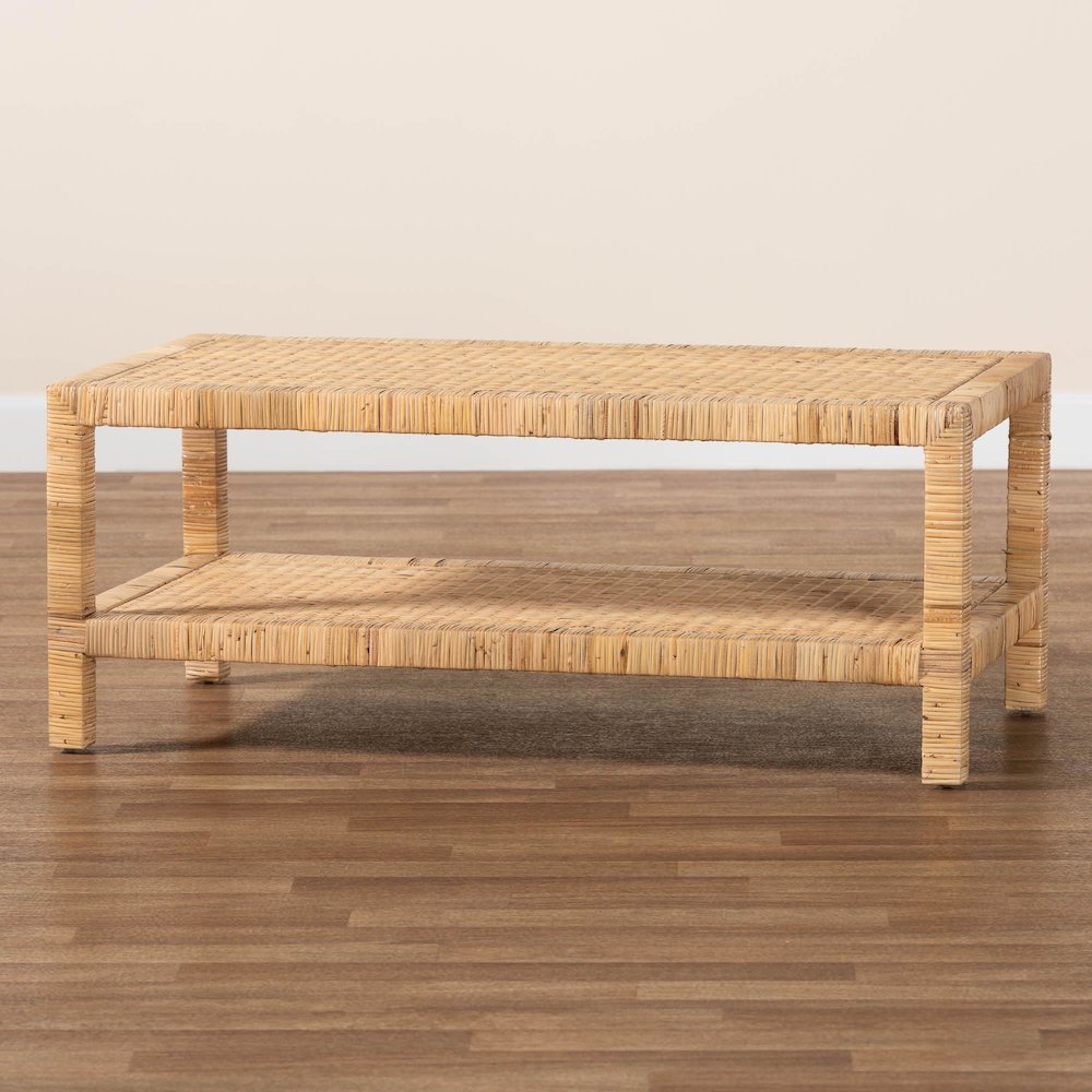 Kalimantan Bohemian Light Honey Rattan and Mahogany Wood Rectangle Coffee Table. Picture 7