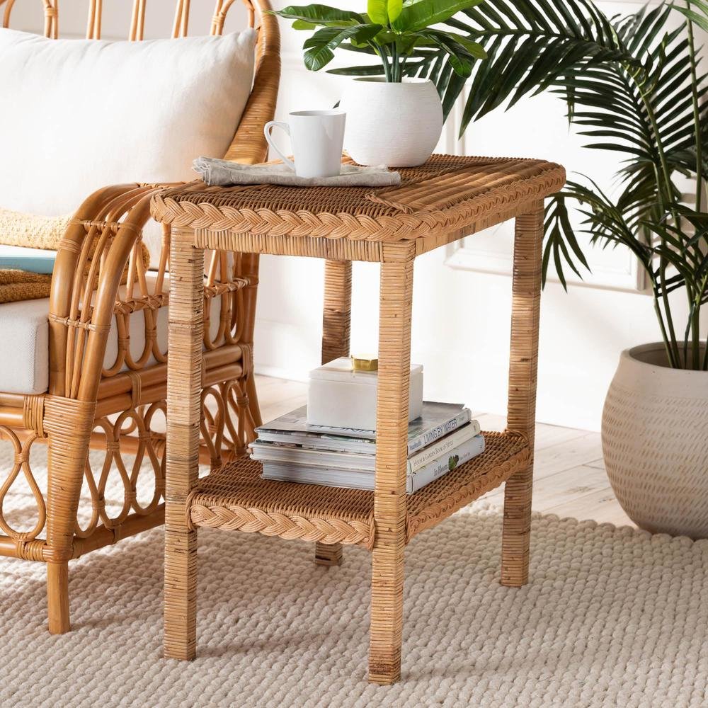 Minahasa Bohemian Light Honey Braided Rattan Side Table. Picture 16