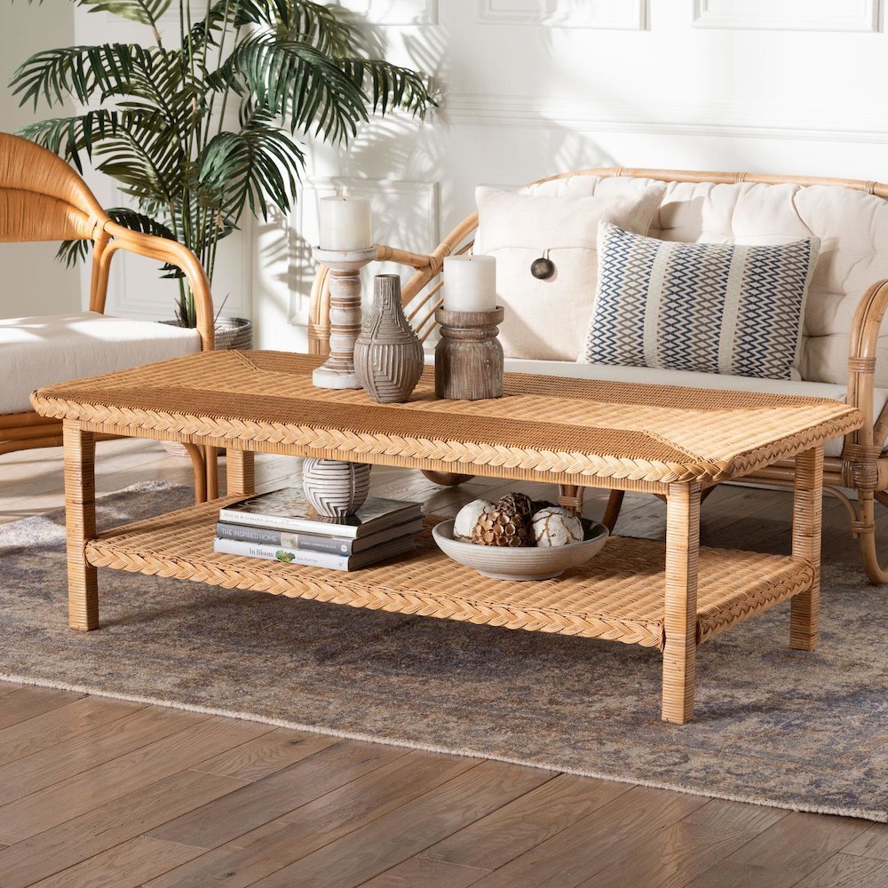 Minahasa Bohemian Light Honey Braided Rattan Coffee Table. Picture 6