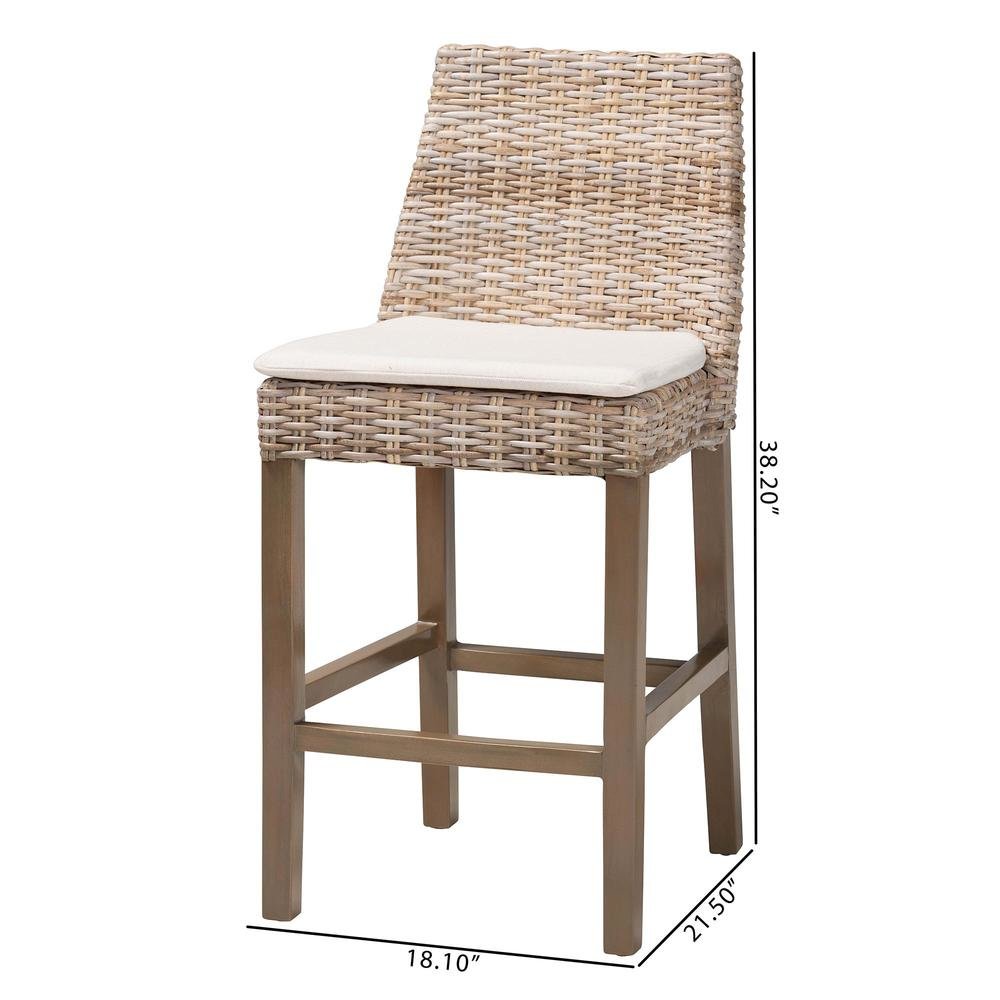Bohemian Grey Kubu Rattan and Rustic Taupe Finished Mahogany Wood Counter Stool. Picture 20