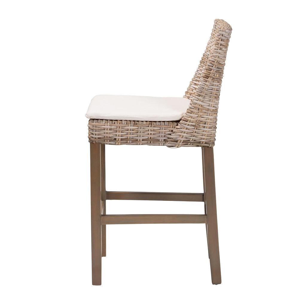 Bohemian Grey Kubu Rattan and Rustic Taupe Finished Mahogany Wood Counter Stool. Picture 13