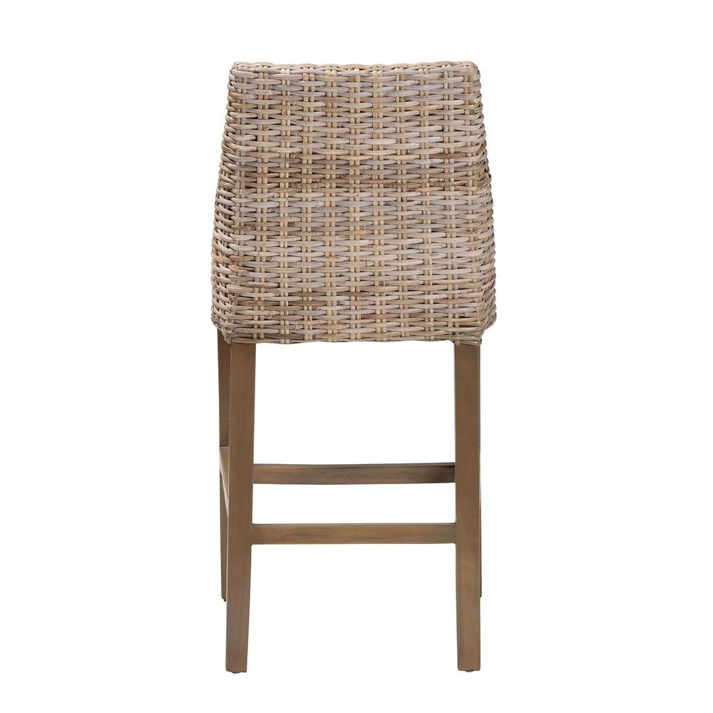 Bohemian Grey Kubu Rattan and Rustic Taupe Finished Mahogany Wood Counter Stool. Picture 14