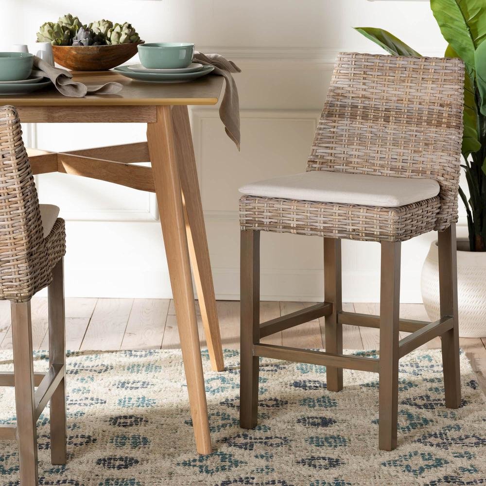 Bohemian Grey Kubu Rattan and Rustic Taupe Finished Mahogany Wood Counter Stool. Picture 18