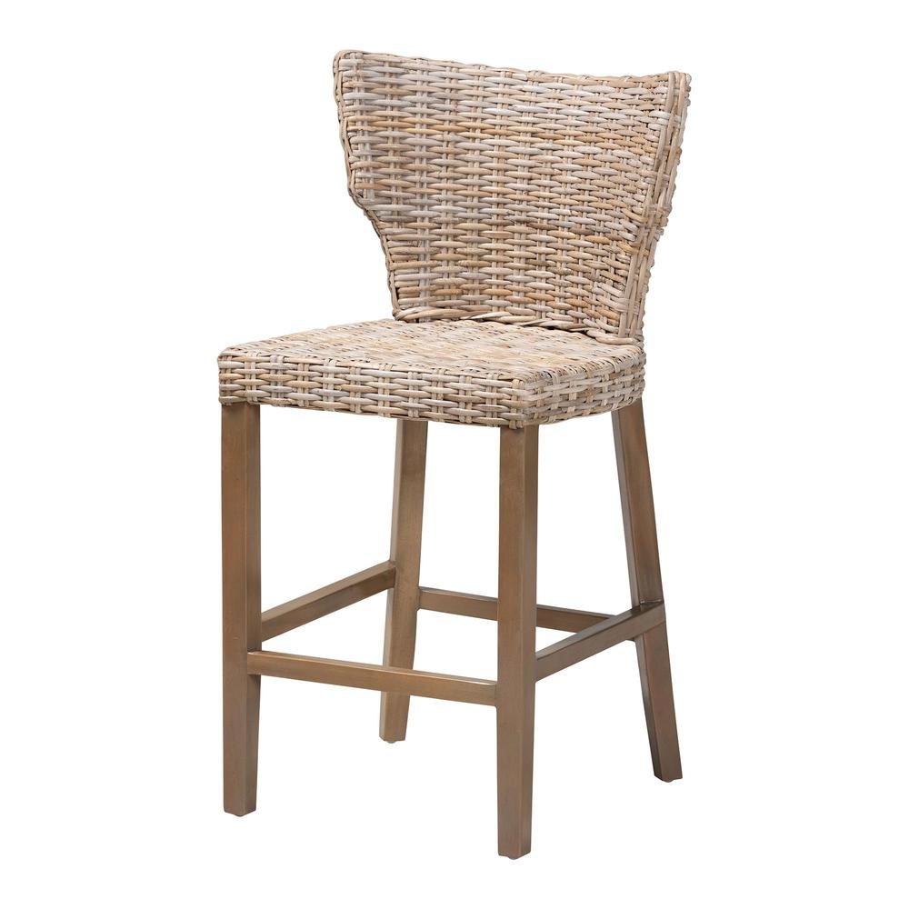 Enver Modern Bohemian Grey Kubu Rattan and Mahogany Wood Counter Stool. Picture 11
