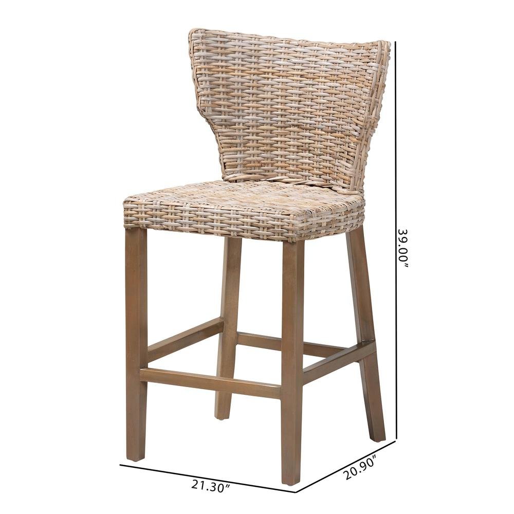 Enver Modern Bohemian Grey Kubu Rattan and Mahogany Wood Counter Stool. Picture 20