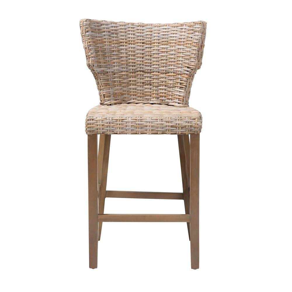 Enver Modern Bohemian Grey Kubu Rattan and Mahogany Wood Counter Stool. Picture 12