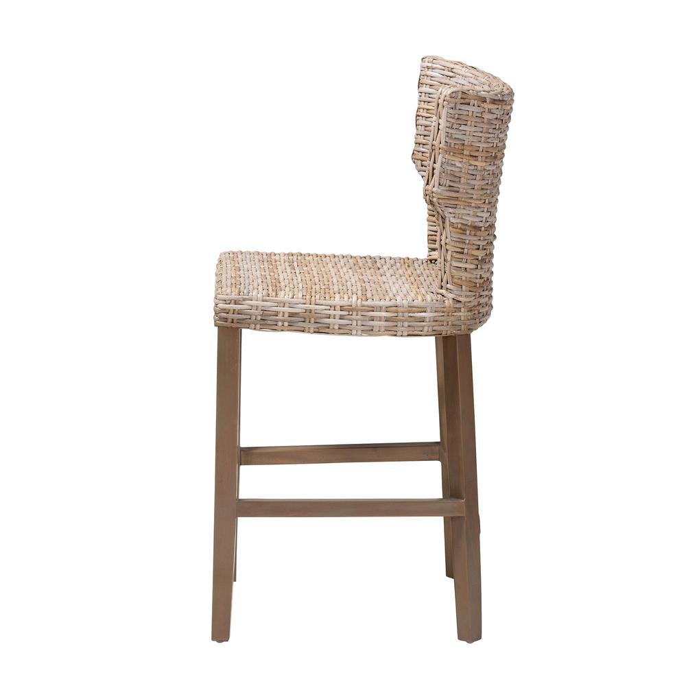 Enver Modern Bohemian Grey Kubu Rattan and Mahogany Wood Counter Stool. Picture 13