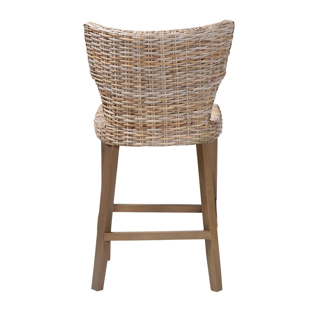 Enver Modern Bohemian Grey Kubu Rattan and Mahogany Wood Counter Stool. Picture 14