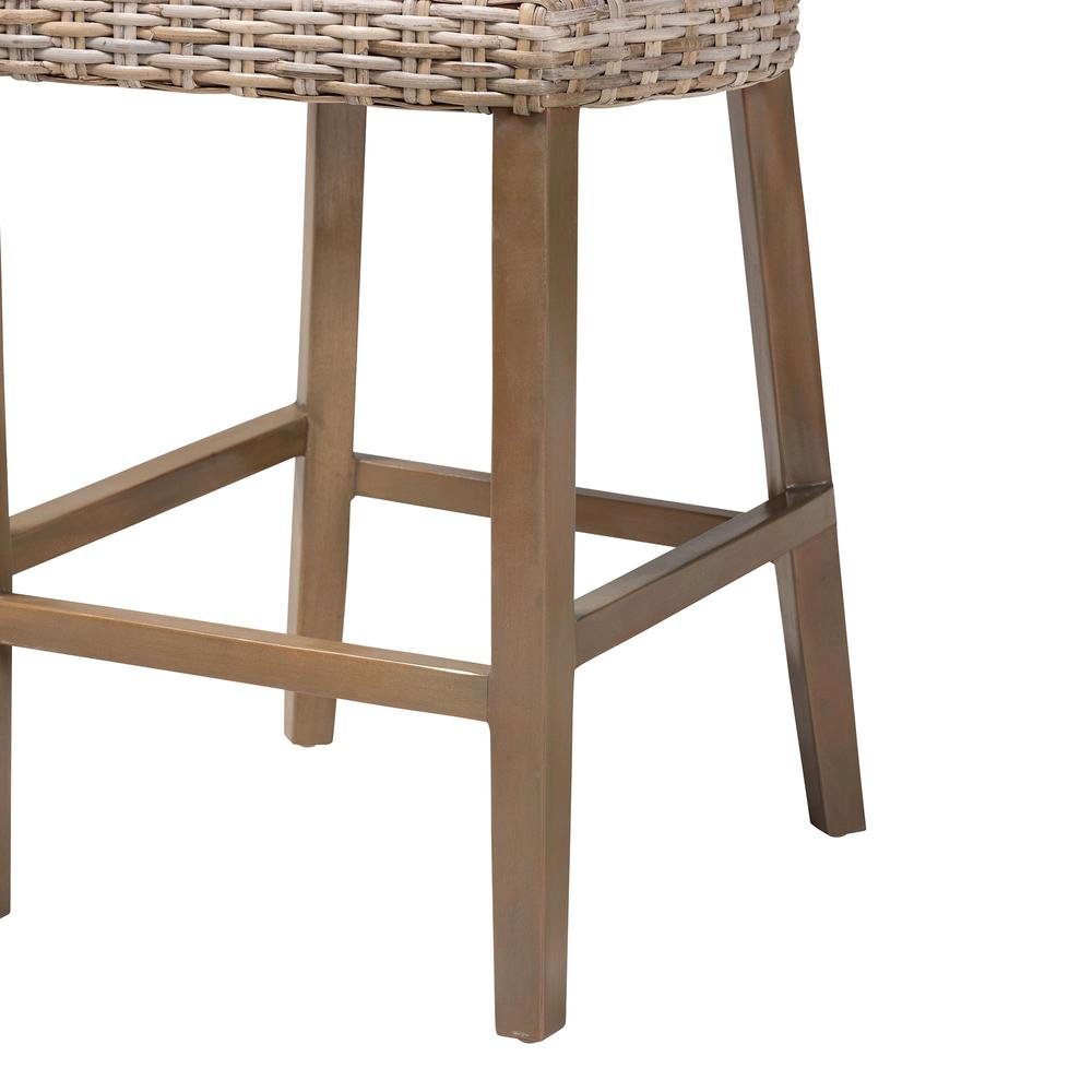 Enver Modern Bohemian Grey Kubu Rattan and Mahogany Wood Counter Stool. Picture 16