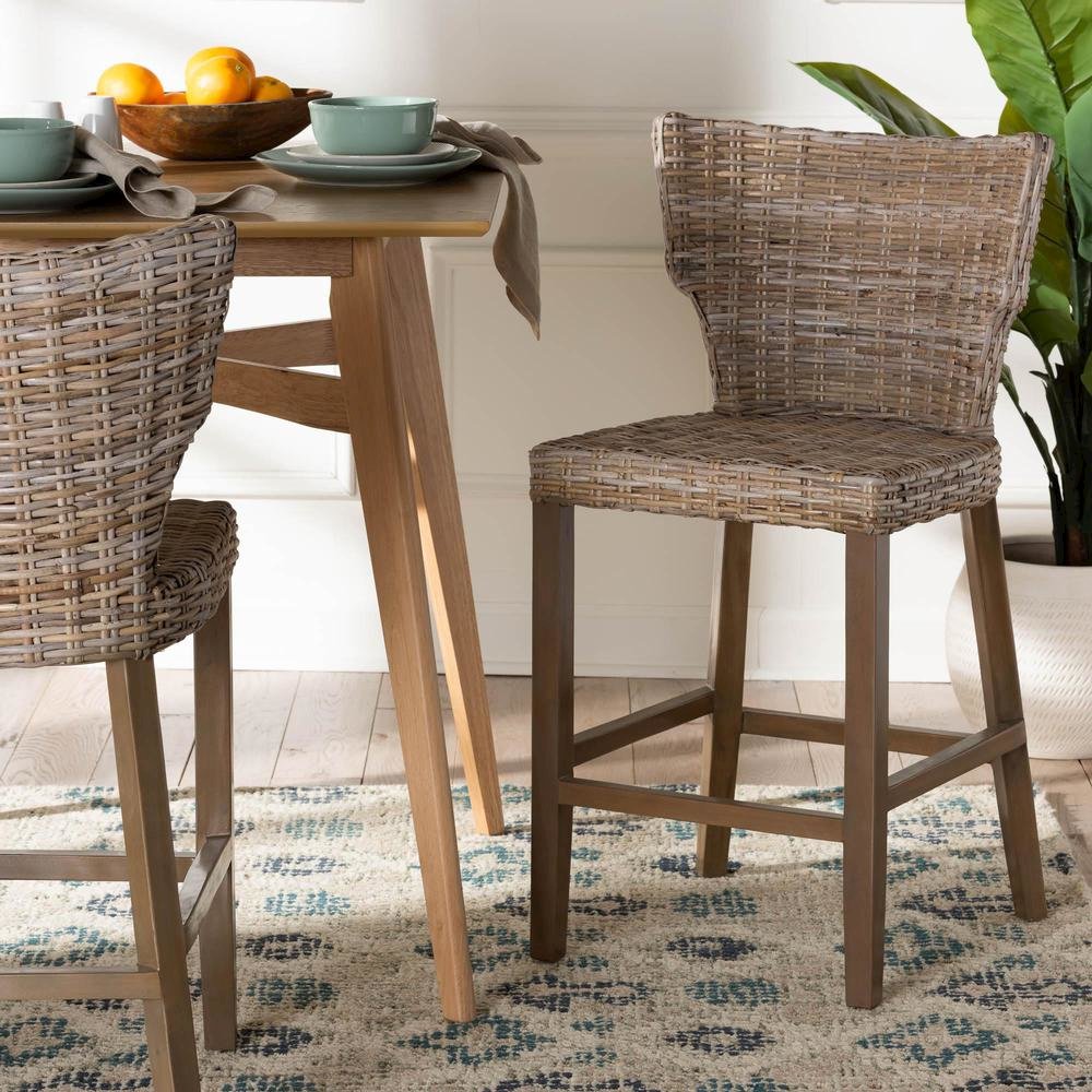 Enver Modern Bohemian Grey Kubu Rattan and Mahogany Wood Counter Stool. Picture 18