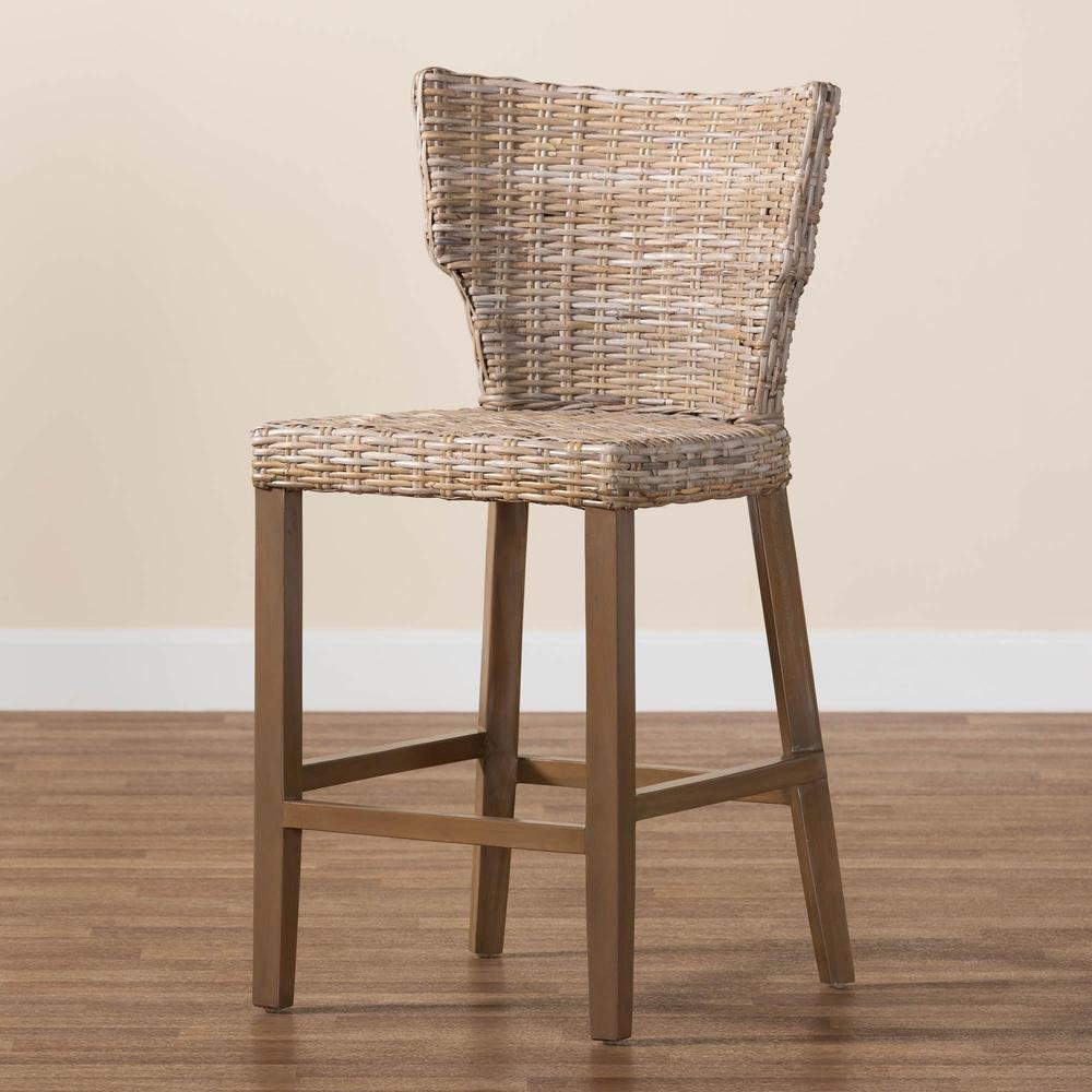 Enver Modern Bohemian Grey Kubu Rattan and Mahogany Wood Counter Stool. Picture 19