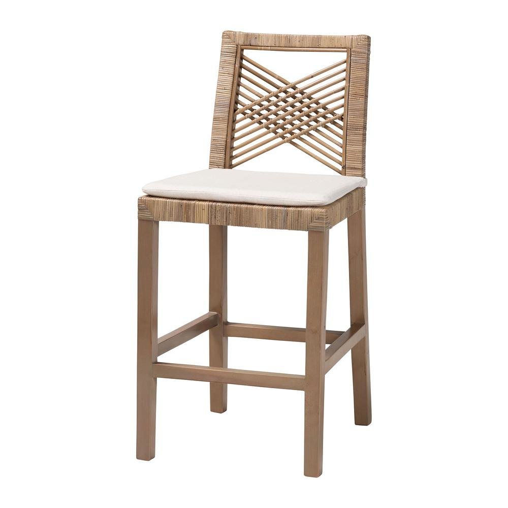 Poltak Modern Bohemian Grey Natural Kubu Rattan and Mahogany Wood Counter Stool. Picture 11