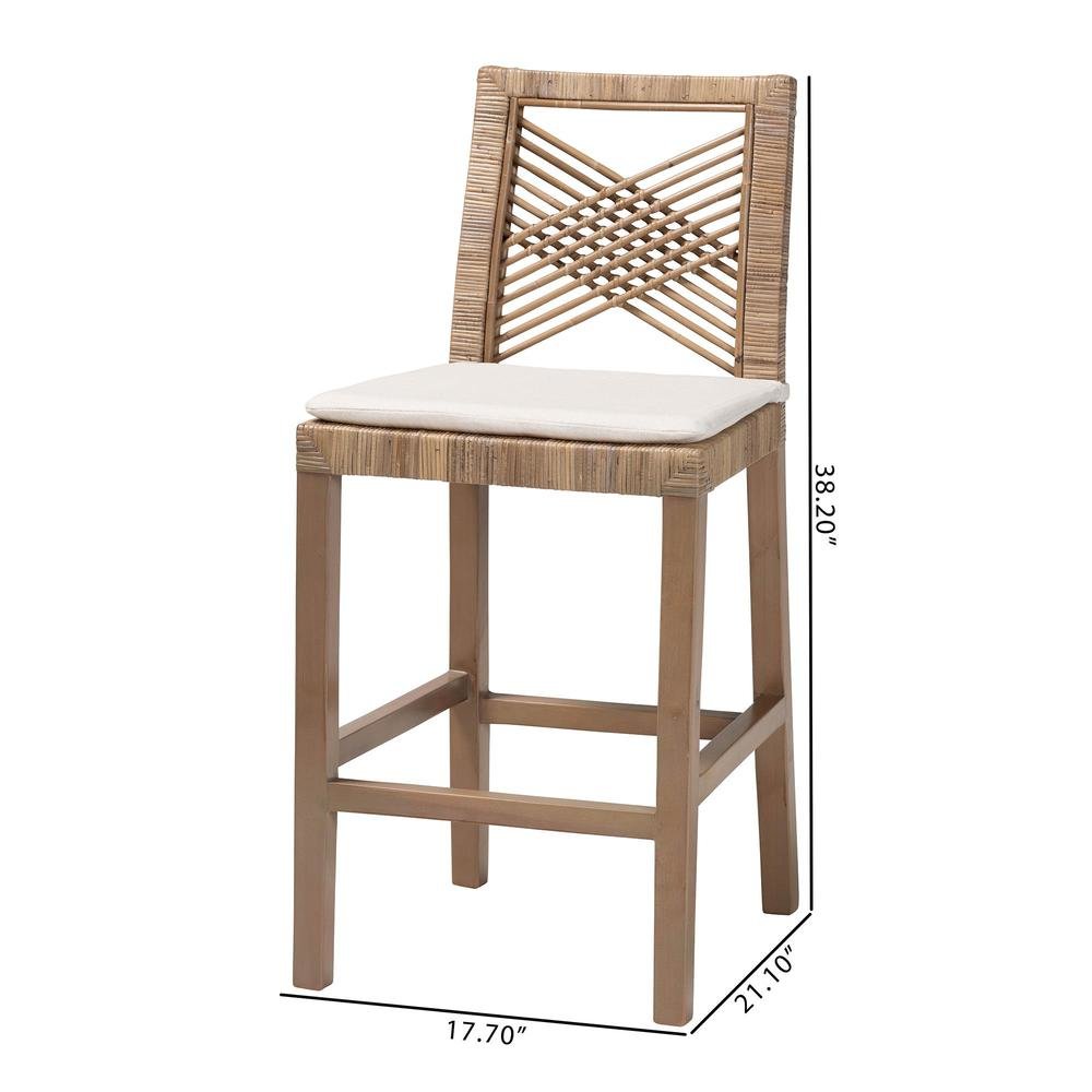 Poltak Modern Bohemian Grey Natural Kubu Rattan and Mahogany Wood Counter Stool. Picture 20