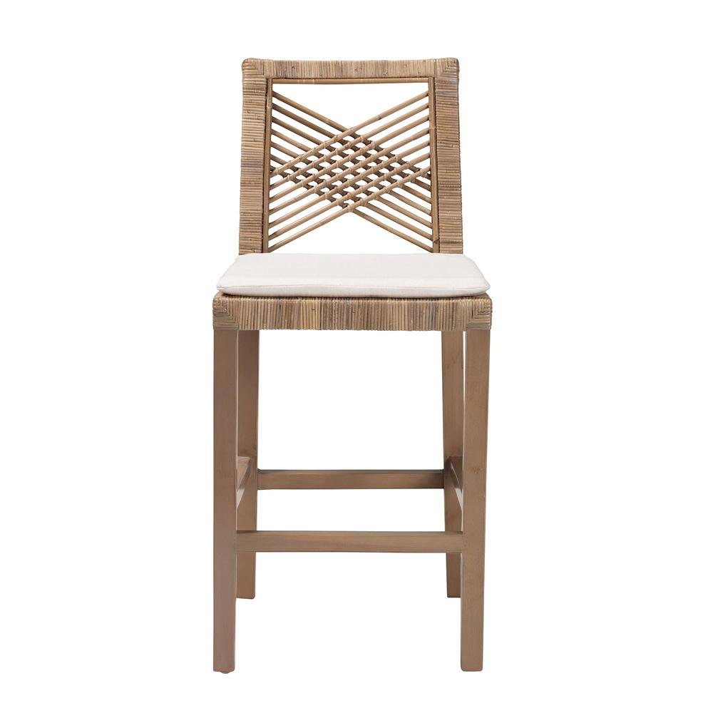 Poltak Modern Bohemian Grey Natural Kubu Rattan and Mahogany Wood Counter Stool. Picture 12