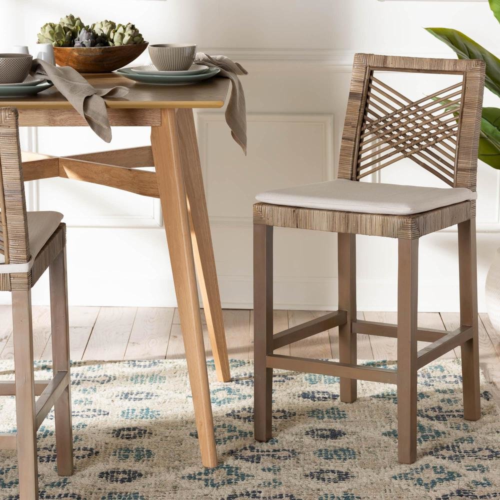 Poltak Modern Bohemian Grey Natural Kubu Rattan and Mahogany Wood Counter Stool. Picture 18
