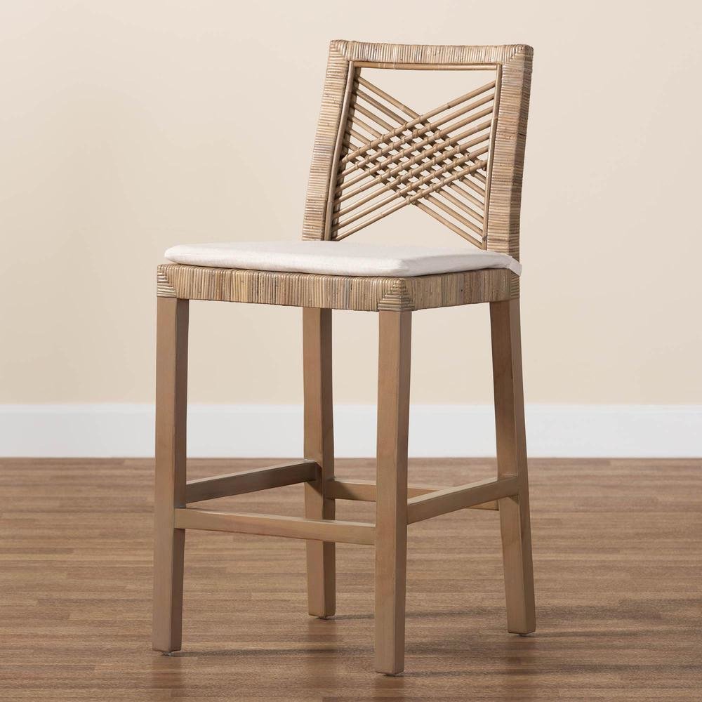 Poltak Modern Bohemian Grey Natural Kubu Rattan and Mahogany Wood Counter Stool. Picture 19
