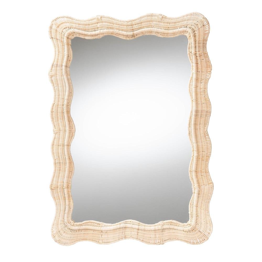 Hasana Bohemian Natural Scallop Rattan Accent Wall Mirror. Picture 5