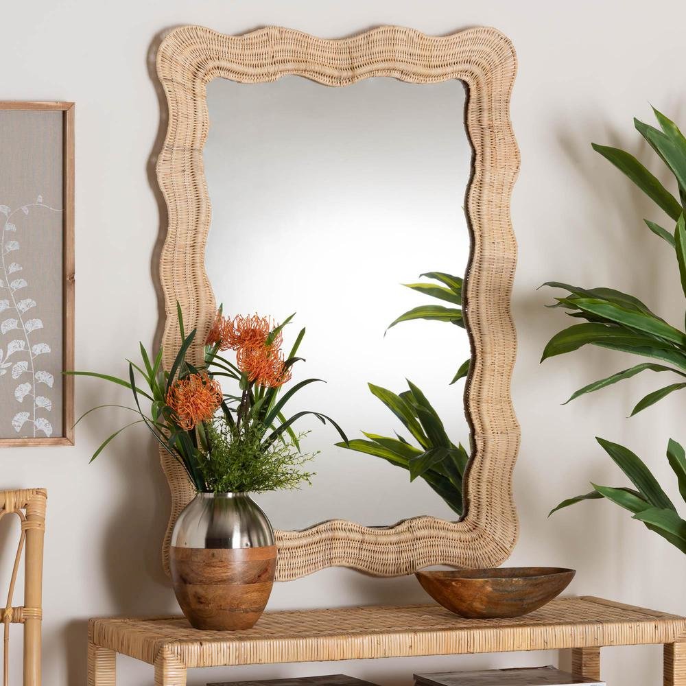 Hasana Bohemian Natural Scallop Rattan Accent Wall Mirror. Picture 7