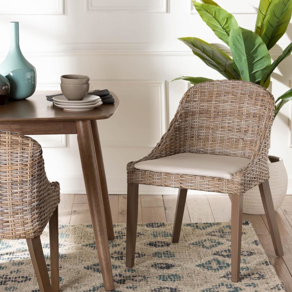 Lara Bohemian Grey Kubu Rattan and Mahogany Wood Dining Chair. Picture 18