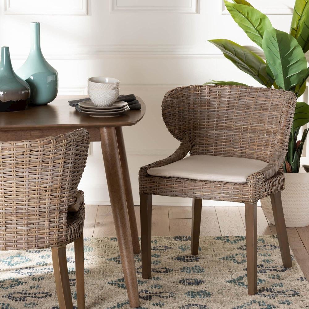 Niesha Bohemian Grey Natural Kubu Rattan and Mahogany Wood Dining Chair. Picture 18