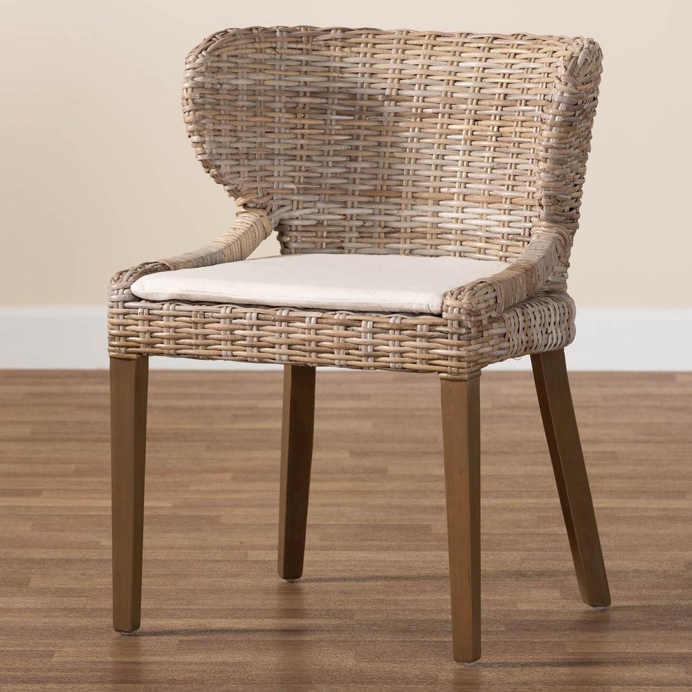 Niesha Bohemian Grey Natural Kubu Rattan and Mahogany Wood Dining Chair. Picture 19