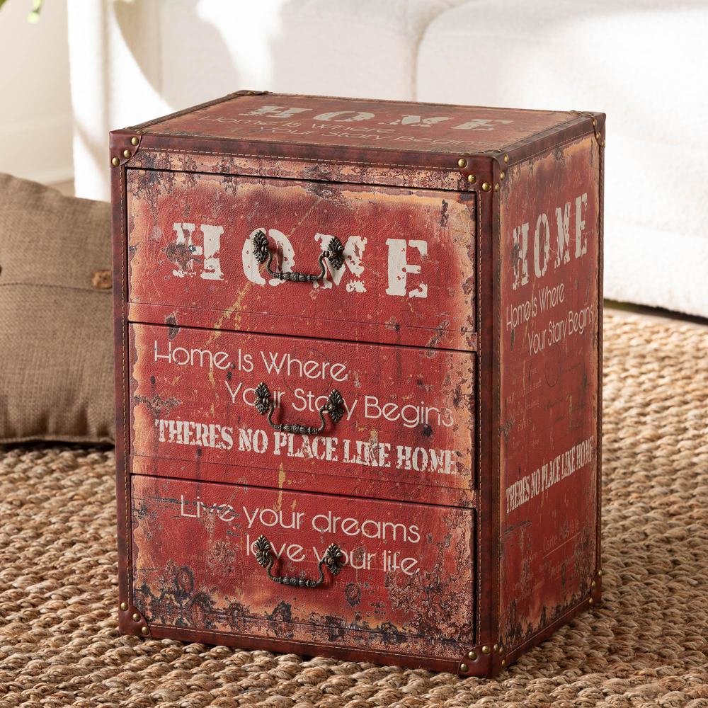 Lorand Vintage Faux Leather and Wood 3-Drawer Storage Trunk. Picture 16