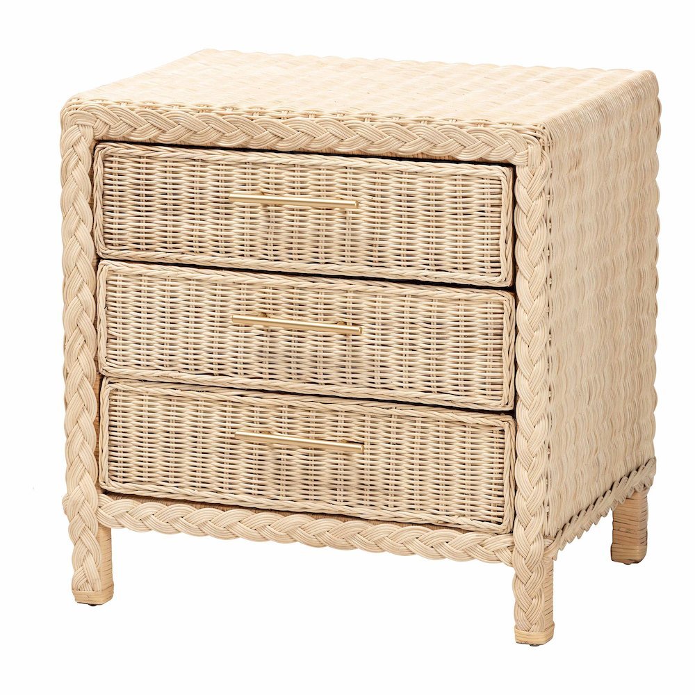 Lanica Japandi Sun Bleached Rattan 3-Drawer Nightstand. Picture 12