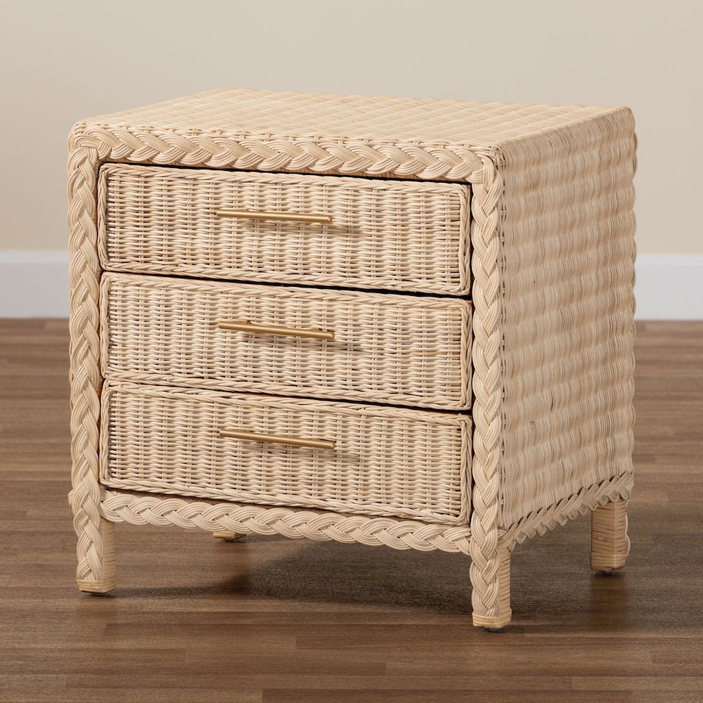 Lanica Japandi Sun Bleached Rattan 3-Drawer Nightstand. Picture 21