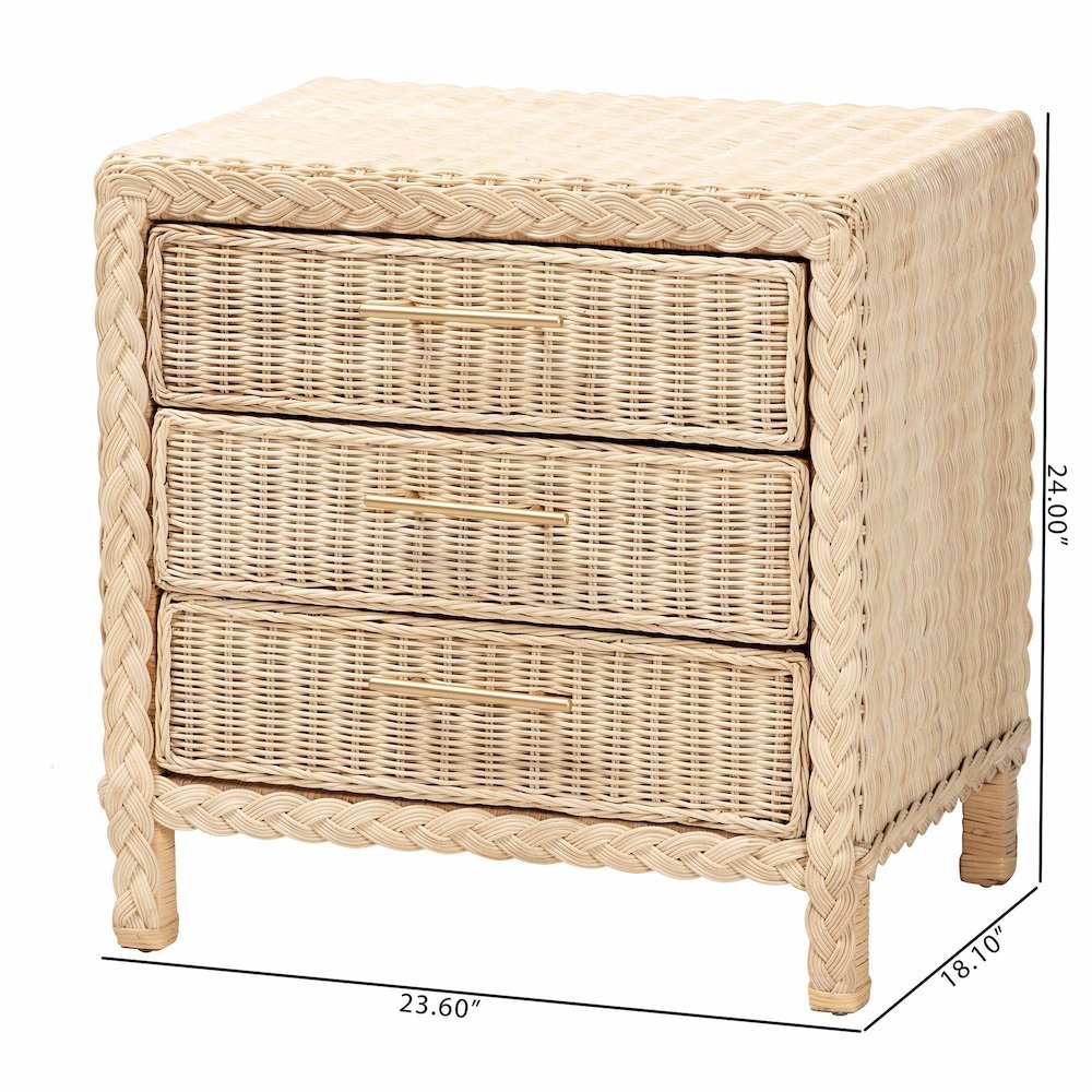 Lanica Japandi Sun Bleached Rattan 3-Drawer Nightstand. Picture 22