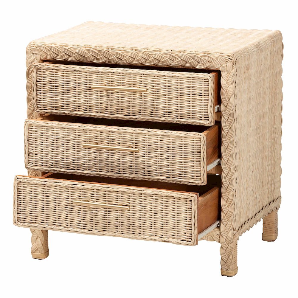Lanica Japandi Sun Bleached Rattan 3-Drawer Nightstand. Picture 13
