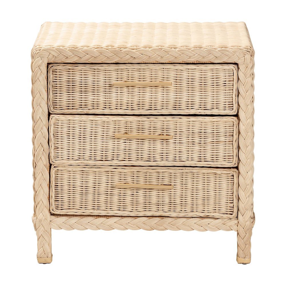 Lanica Japandi Sun Bleached Rattan 3-Drawer Nightstand. Picture 14