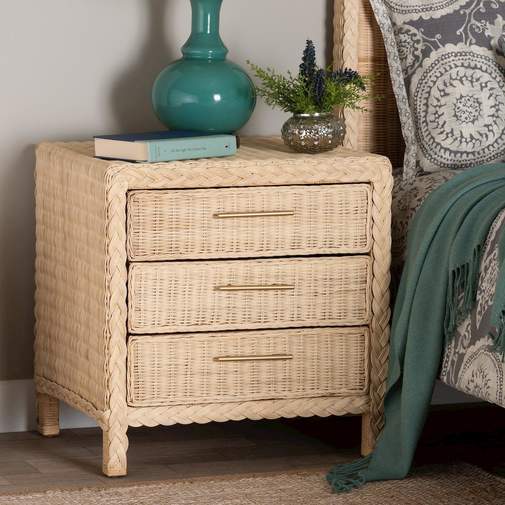 Lanica Japandi Sun Bleached Rattan 3-Drawer Nightstand. Picture 20