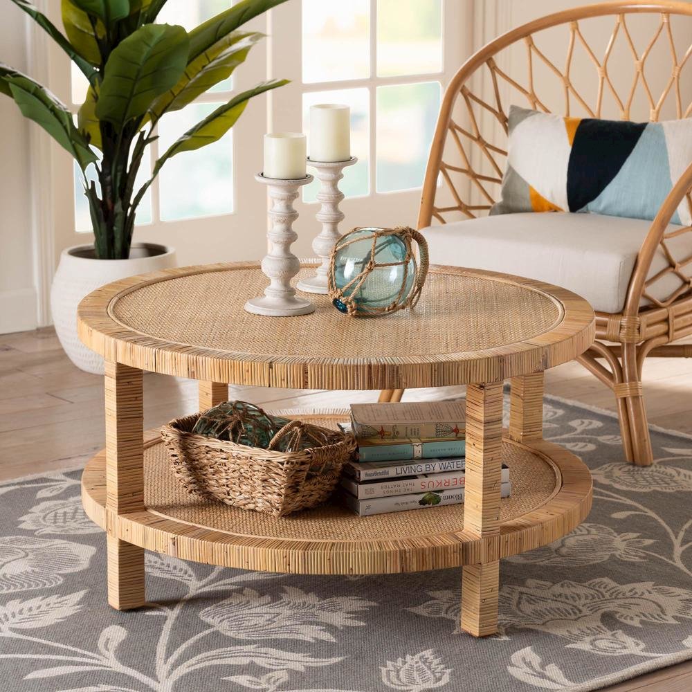 Kalimantan Bohemian Light Honey Rattan and Mahogany Wood Coffee Table. Picture 6