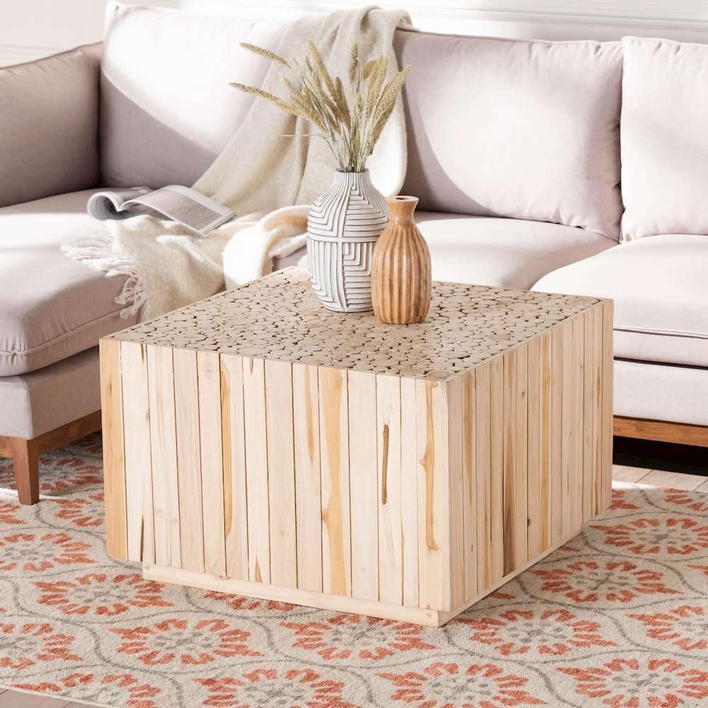 Bohemian Natural Teak Wood Coffee Table with Unique Repurposed Wood Logs. Picture 16