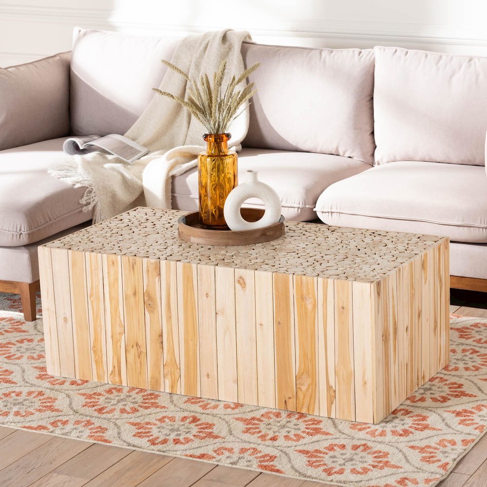 Bohemian Natural Teak Wood Coffee Table with Unique Repurposed Wood Logs. Picture 8