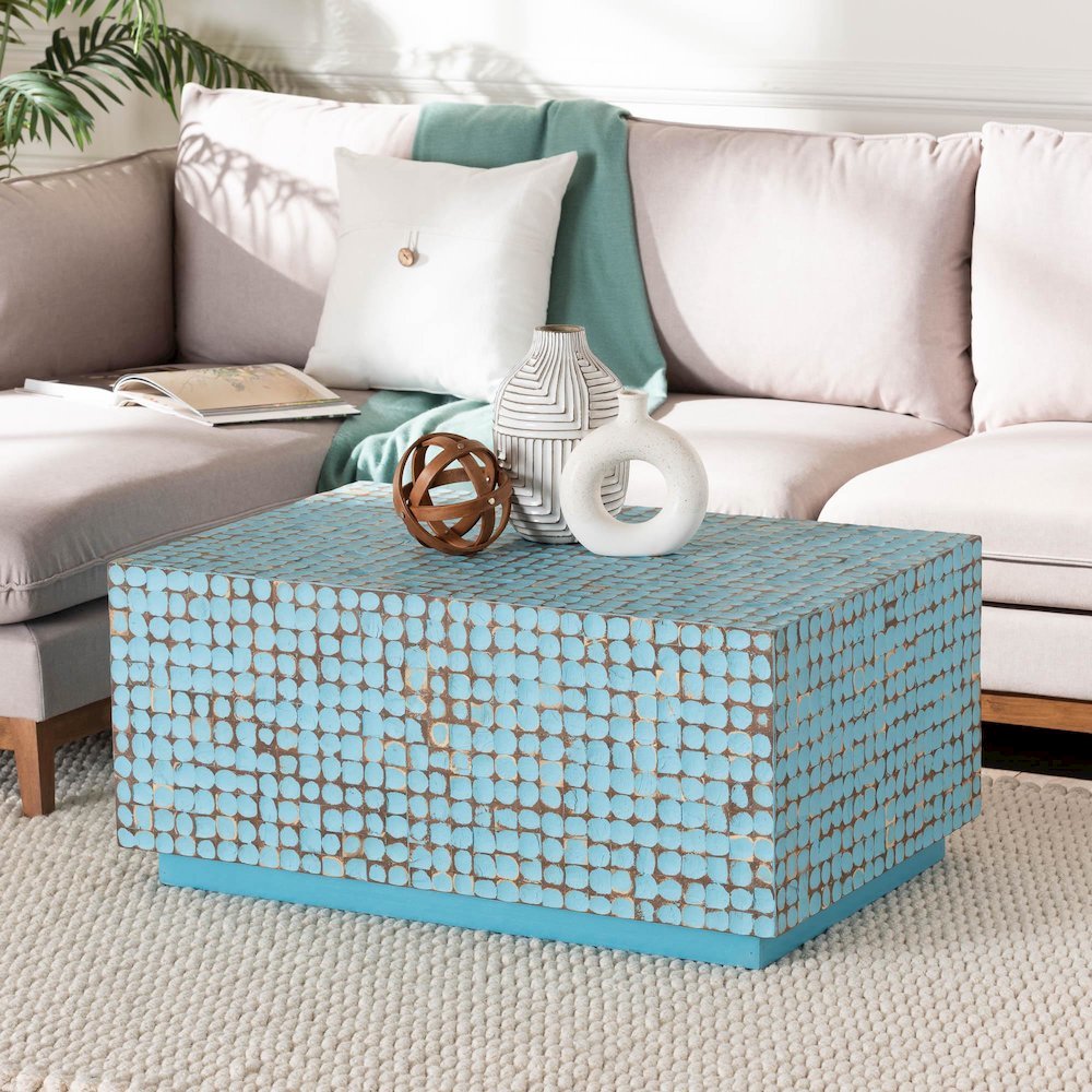 bali & pari Nitza Bohemian Blue Coconut Shell and Acacia Wood Coffee Table. Picture 7